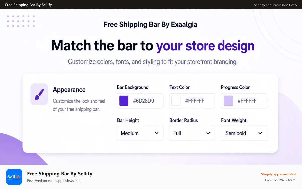 Free Shipping Bar By Sellify Shopify app screenshot: Appearance Customization