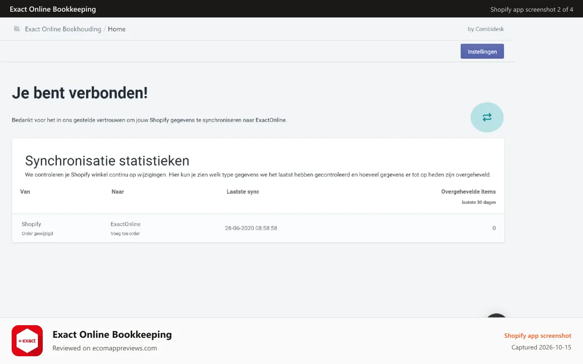 Exact Online Bookkeeping Shopify app screenshot: Orders and refunds every 2 Hours to Exact