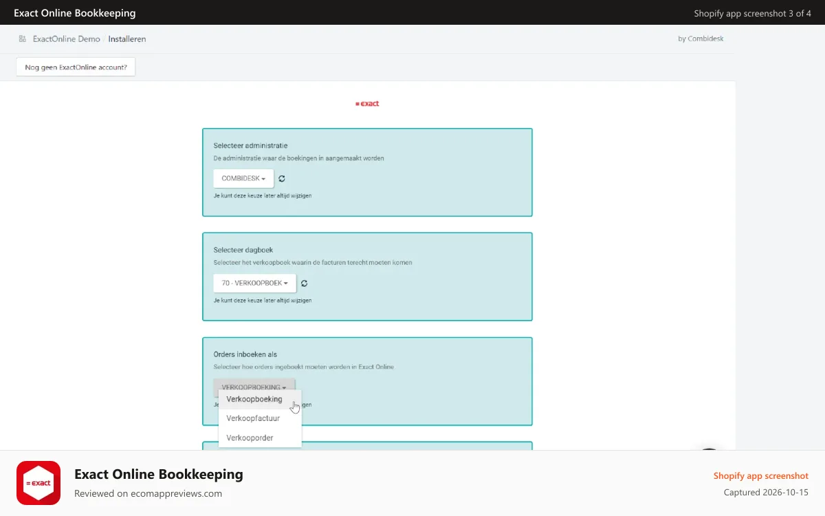 Exact Online Bookkeeping Shopify app screenshot: Select administration type