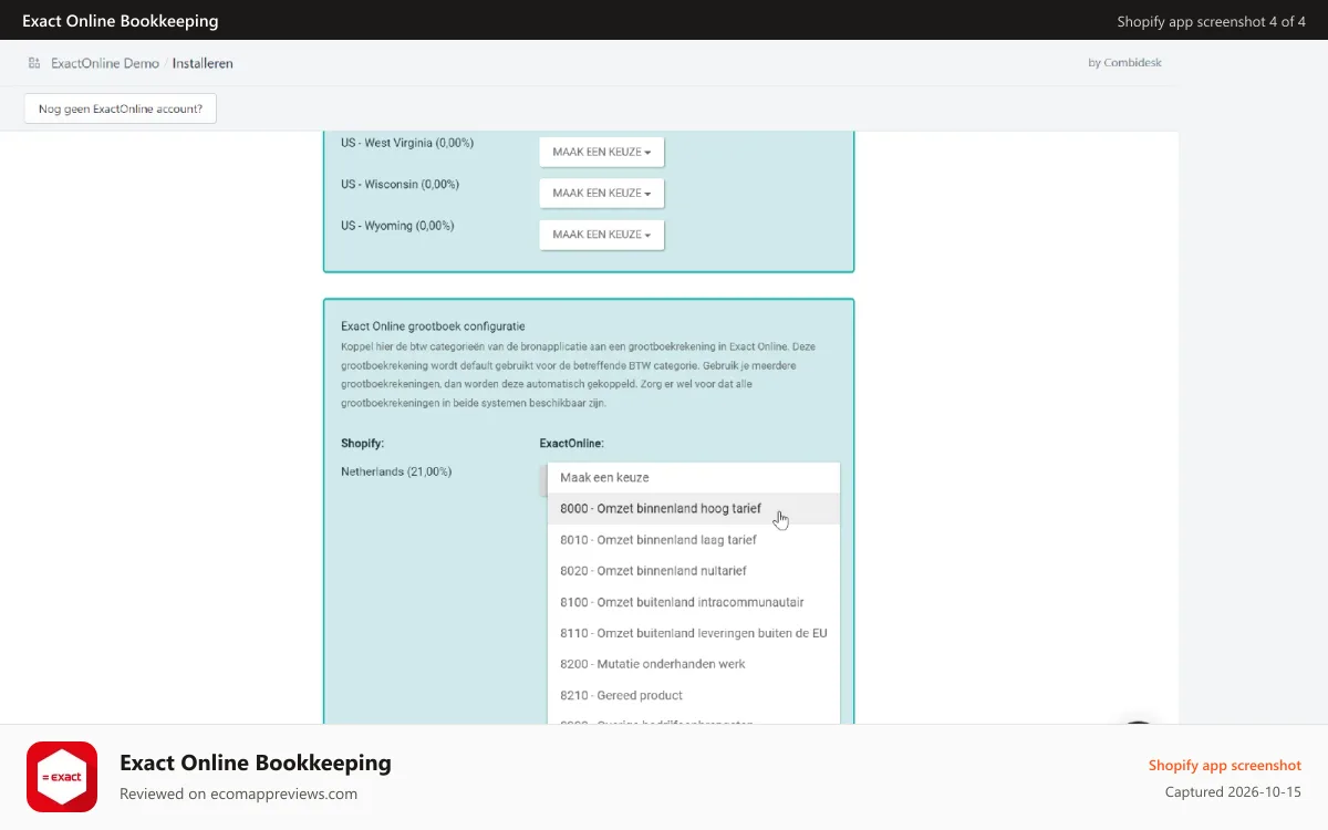 Exact Online Bookkeeping Shopify app screenshot: Select your ledger account