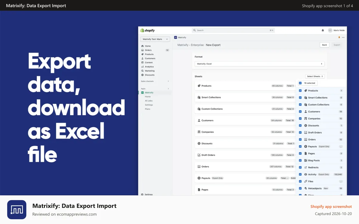 Matrixify: Data Export Import Shopify app screenshot: Export items and download as Excel file | Matrixify (Excelify)