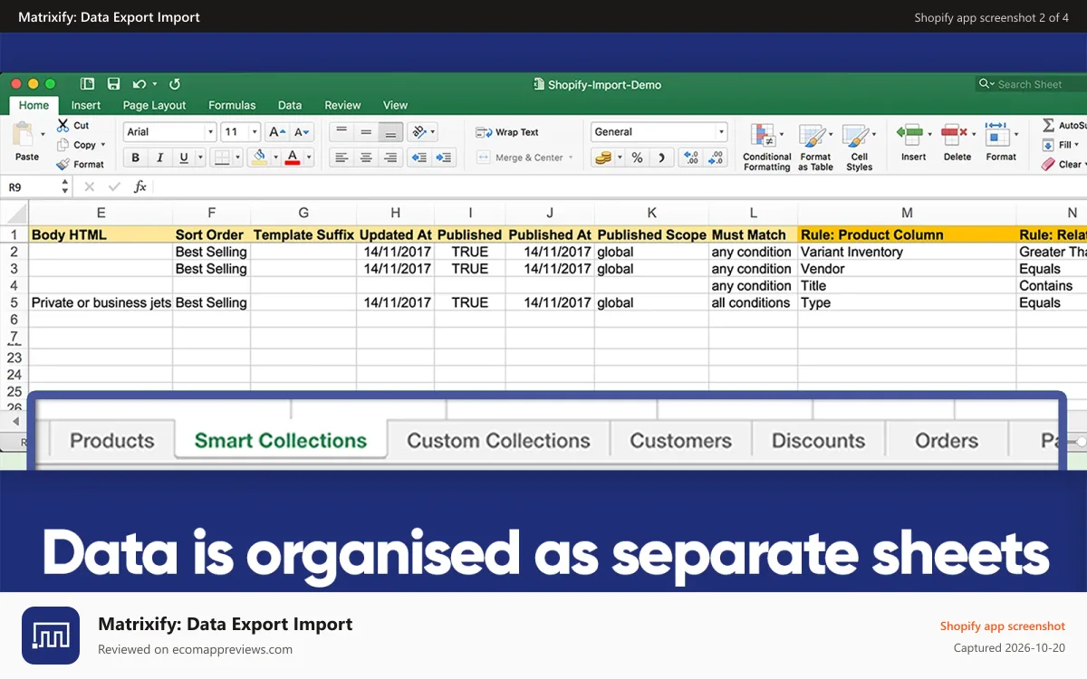 Matrixify: Data Export Import Shopify app screenshot: All data is here as separate Excel sheets | Matrixify (Excelify)