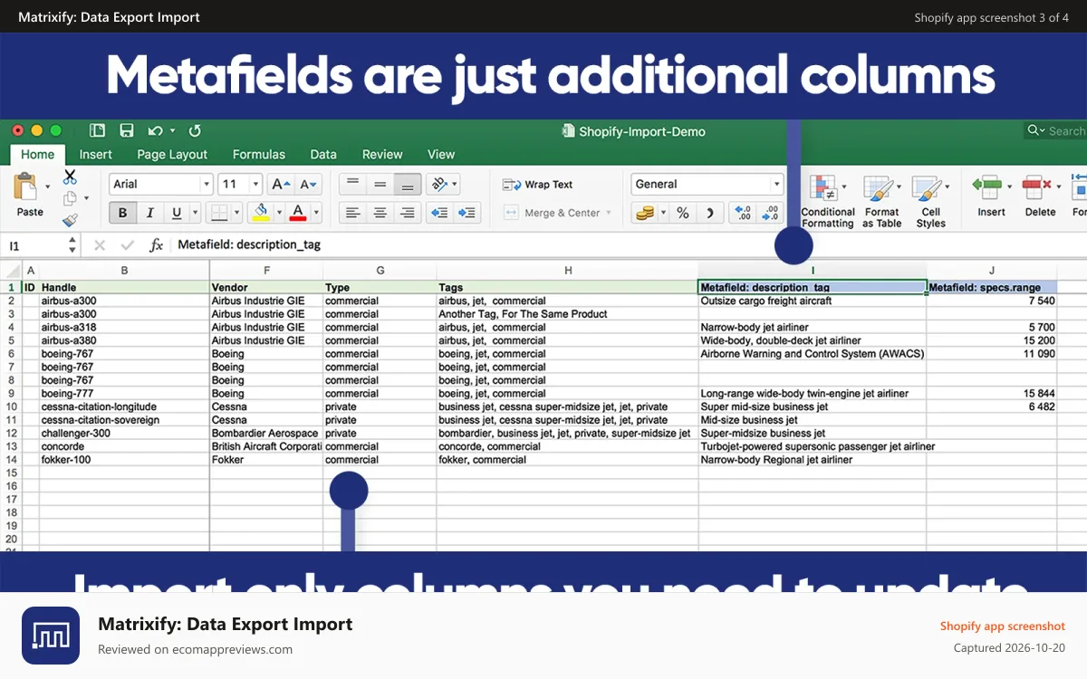 Matrixify: Data Export Import Shopify app screenshot: Import only columns you need to update. Metafields are columns.