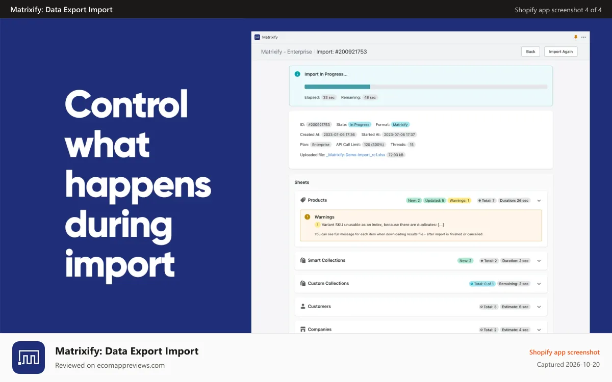 Matrixify: Data Export Import Shopify app screenshot: Control what happens during import | Matrixify (Excelify)