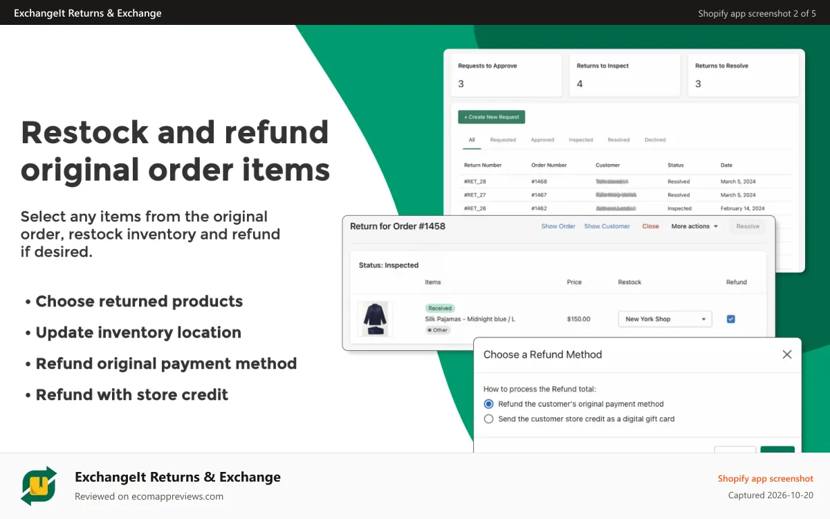 ExchangeIt Returns & Exchange Shopify app screenshot: Restock and Refund Original Order items