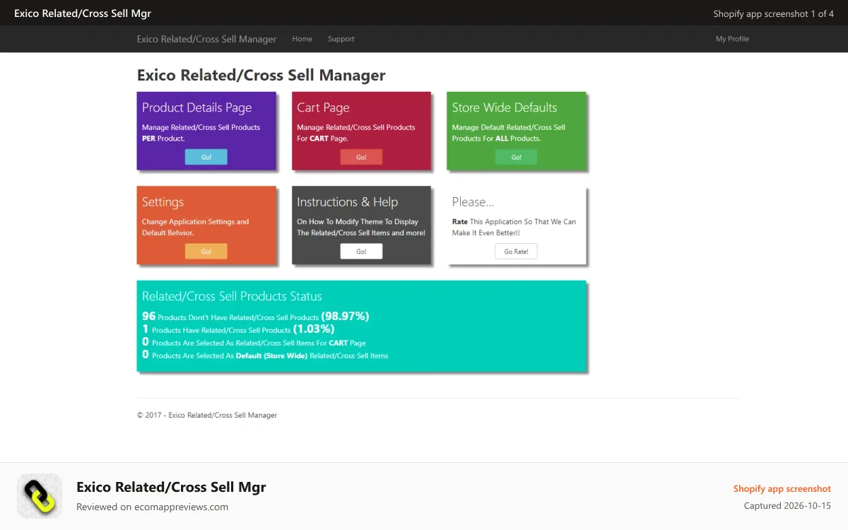 Exico Related/Cross Sell Mgr Shopify app screenshot: Dashboard