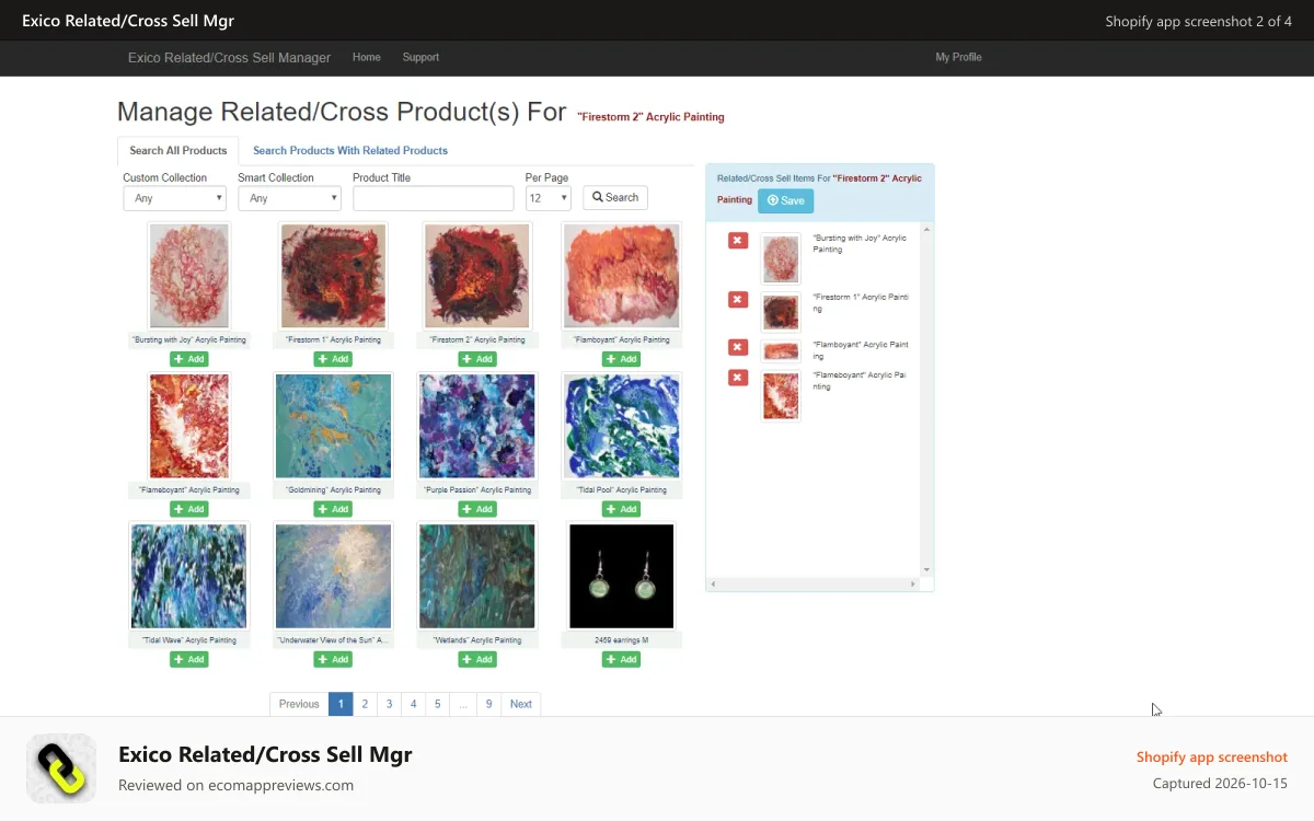 Exico Related/Cross Sell Mgr Shopify app screenshot: Managing related products