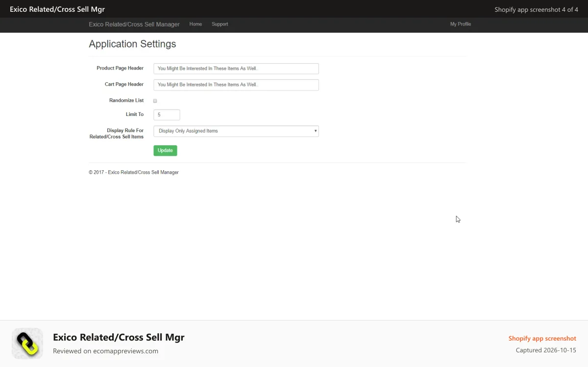 Exico Related/Cross Sell Mgr Shopify app screenshot: Settings