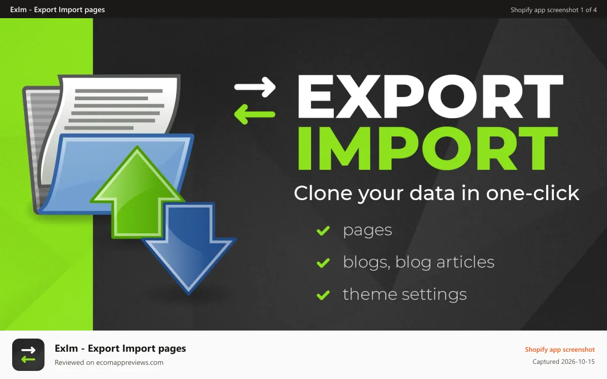 ExIm ‑ Export Import pages Shopify app screenshot: Clone your data in one click