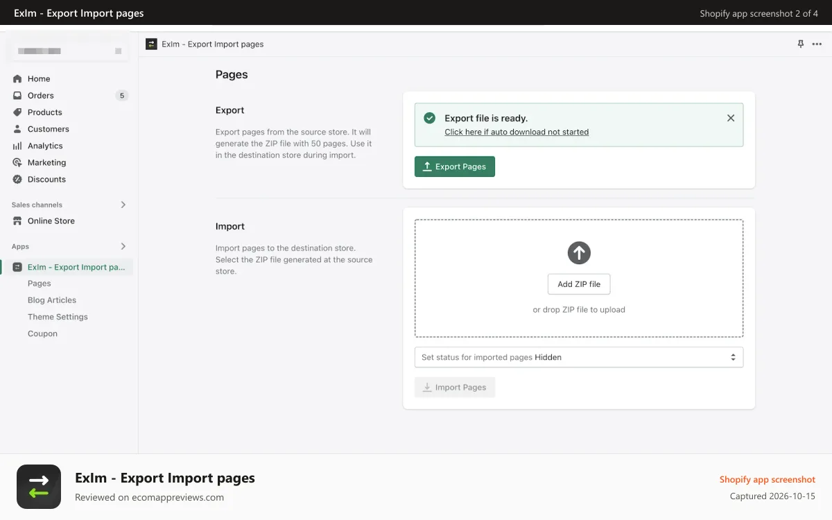 ExIm ‑ Export Import pages Shopify app screenshot: Export Pages