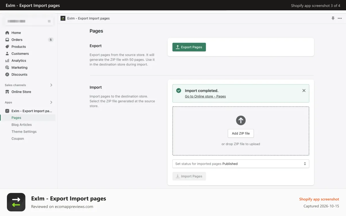 ExIm ‑ Export Import pages Shopify app screenshot: Import Pages