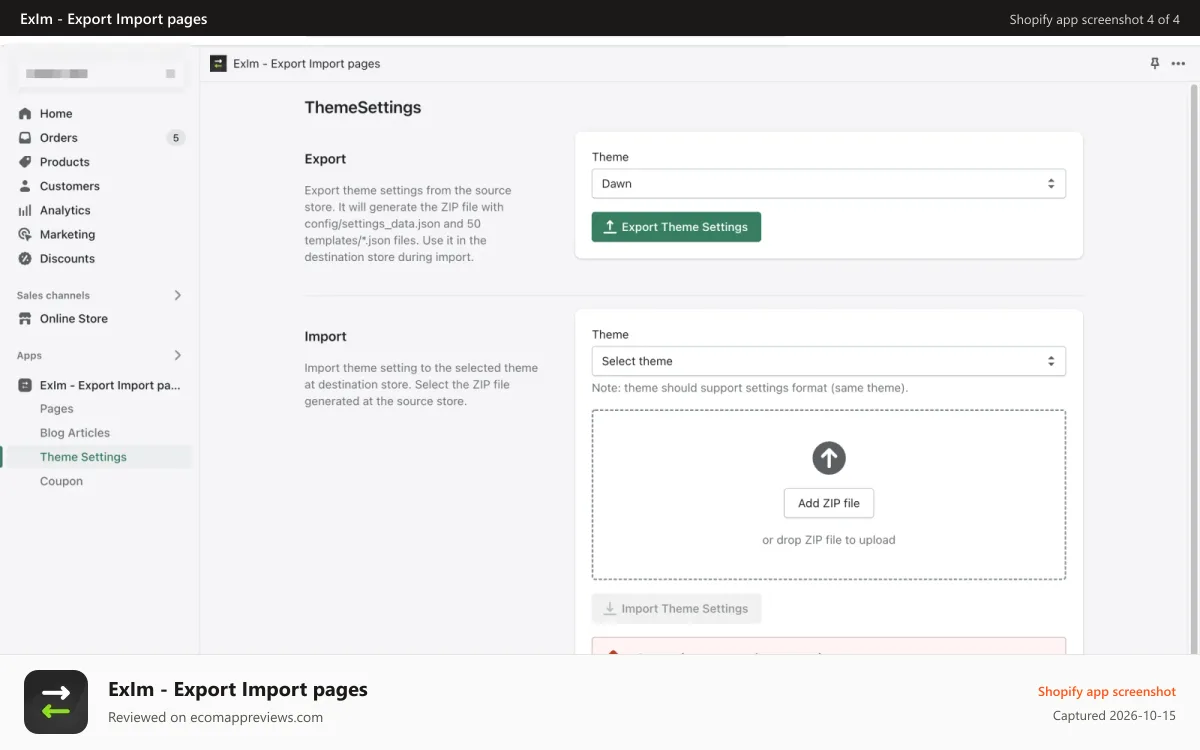 ExIm ‑ Export Import pages Shopify app screenshot: Export Import Theme Settings