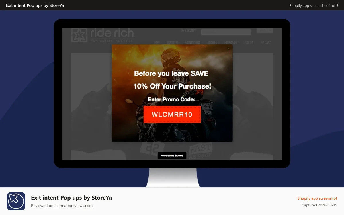 Exit intent Pop ups by StoreYa Shopify app screenshot: Exit Pop - a pop up that will save your lost traffic