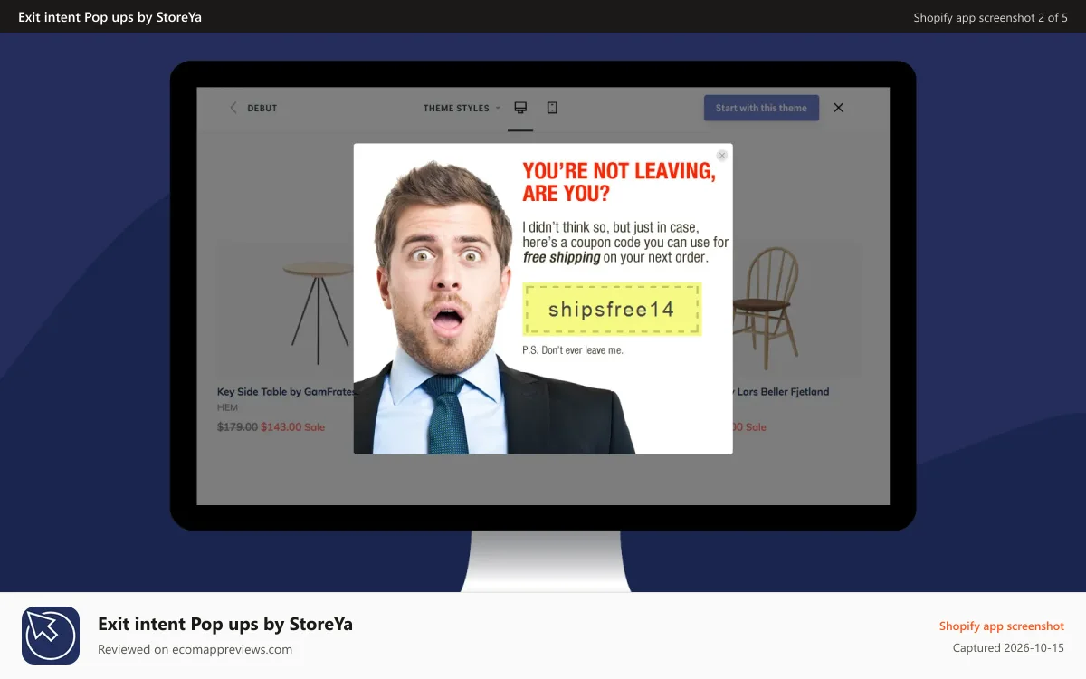 Exit intent Pop ups by StoreYa Shopify app screenshot: Exit Pop - a pop up that will save your lost traffic