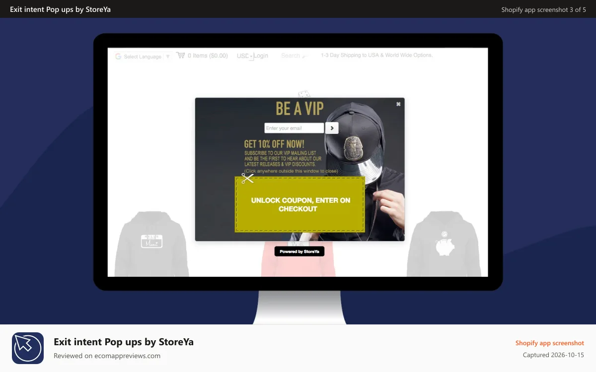Exit intent Pop ups by StoreYa Shopify app screenshot: Exit Pop - a pop up that will save your lost traffic