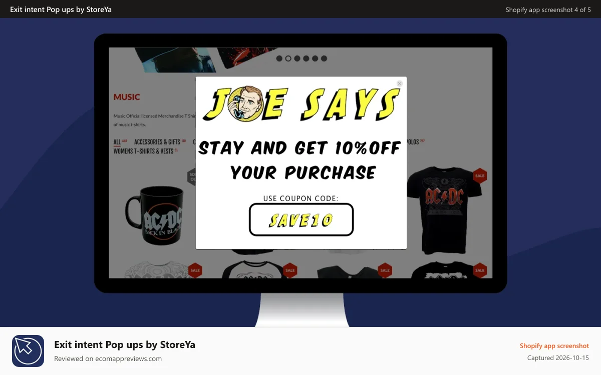 Exit intent Pop ups by StoreYa Shopify app screenshot: Exit Pop - a pop up that will save your lost traffic