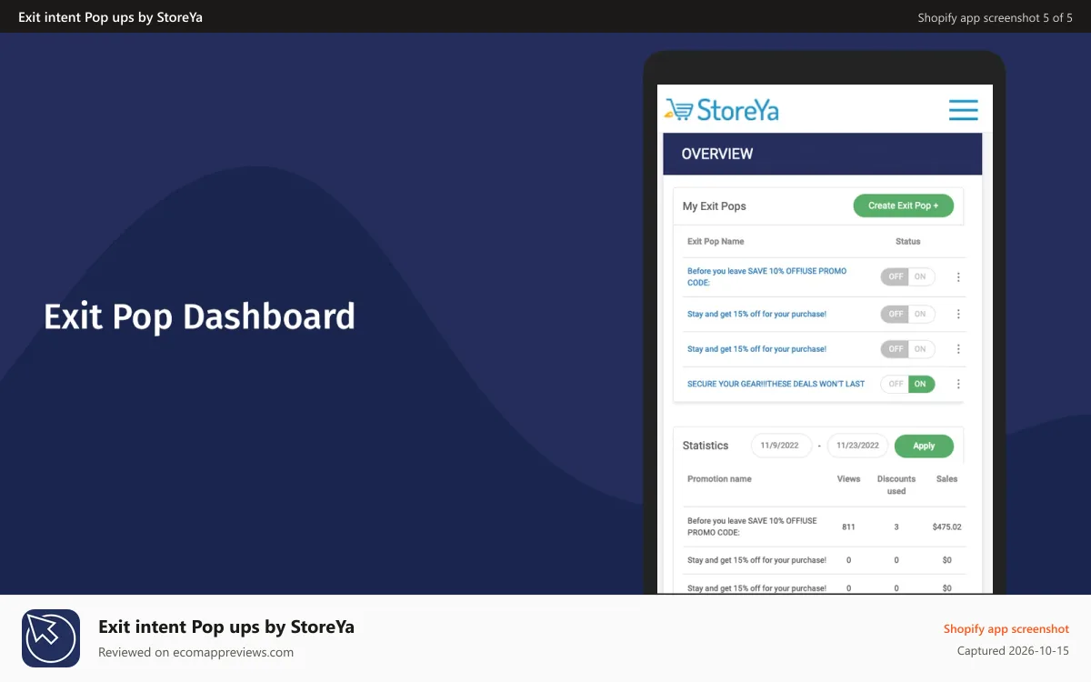 Exit intent Pop ups by StoreYa Shopify app screenshot: Exit Pop - easily create pop ups to increase revenue