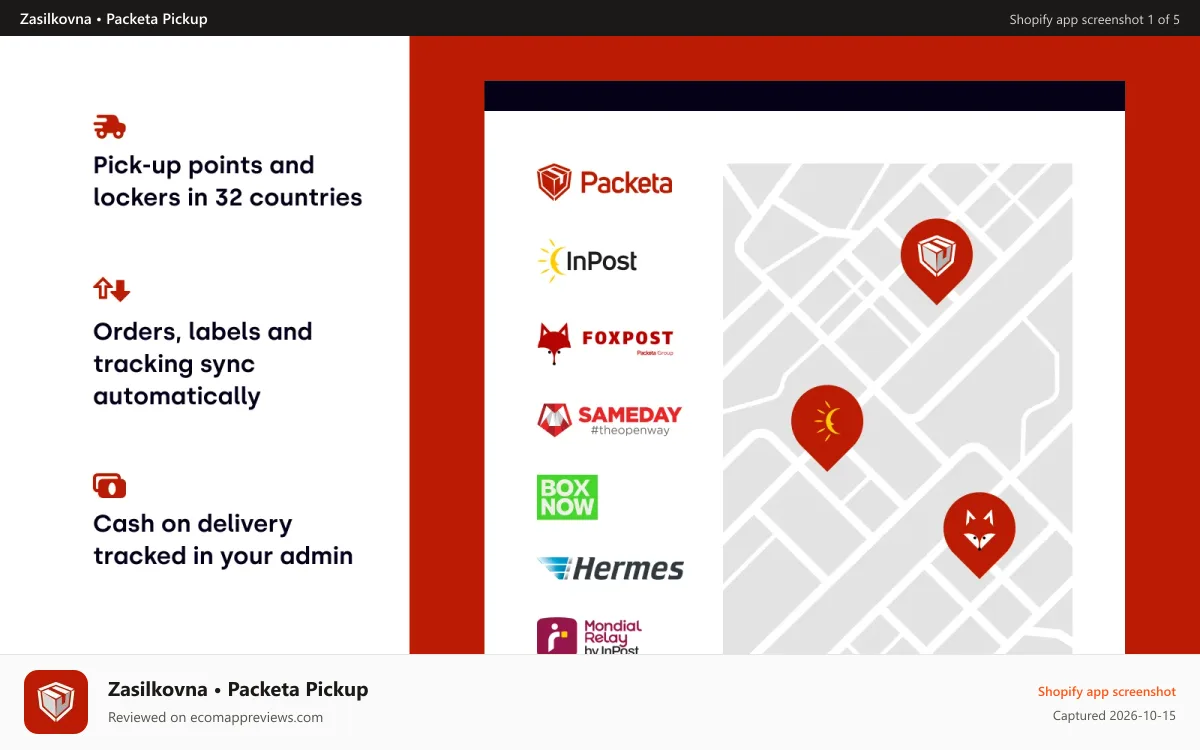 Zasilkovna • Packeta Pickup Shopify app screenshot: Packeta pickup points, automatic export and cash on delivery.