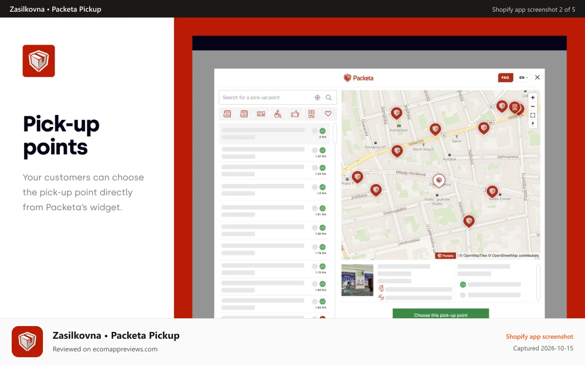 Zasilkovna • Packeta Pickup Shopify app screenshot: Shopper picking a Packeta pickup point on the checkout map.