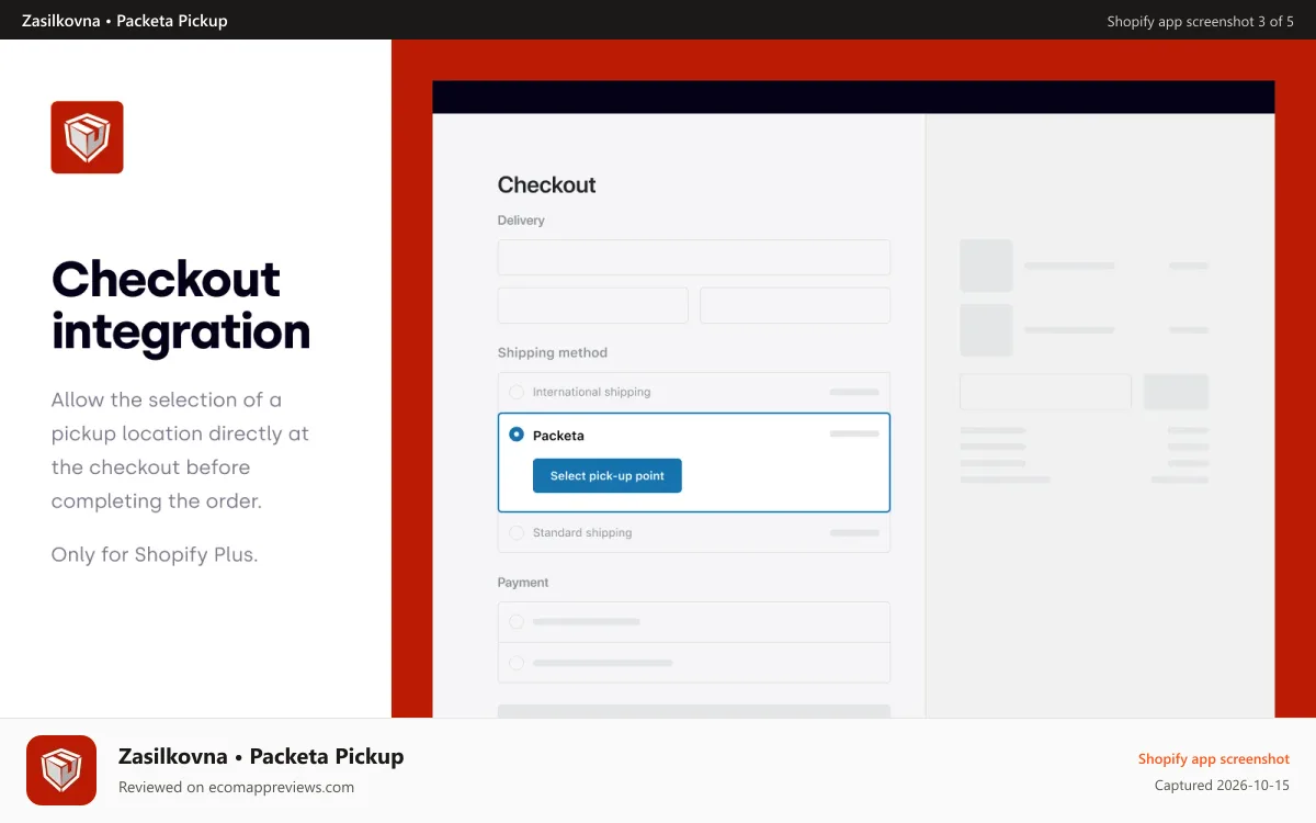 Zasilkovna • Packeta Pickup Shopify app screenshot: Pickup point selector added as a block in the new checkout.