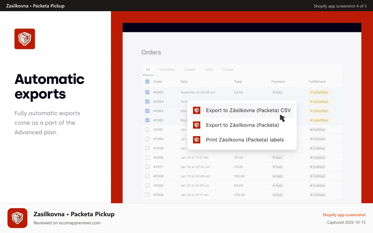 Zasilkovna • Packeta Pickup Shopify app screenshot: Orders exporting automatically from admin to Packeta.