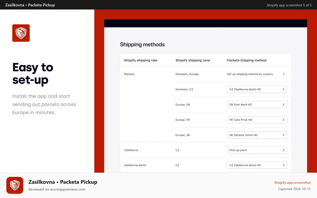 Zasilkovna • Packeta Pickup Shopify app screenshot: Packeta settings for carriers, countries and delivery methods.