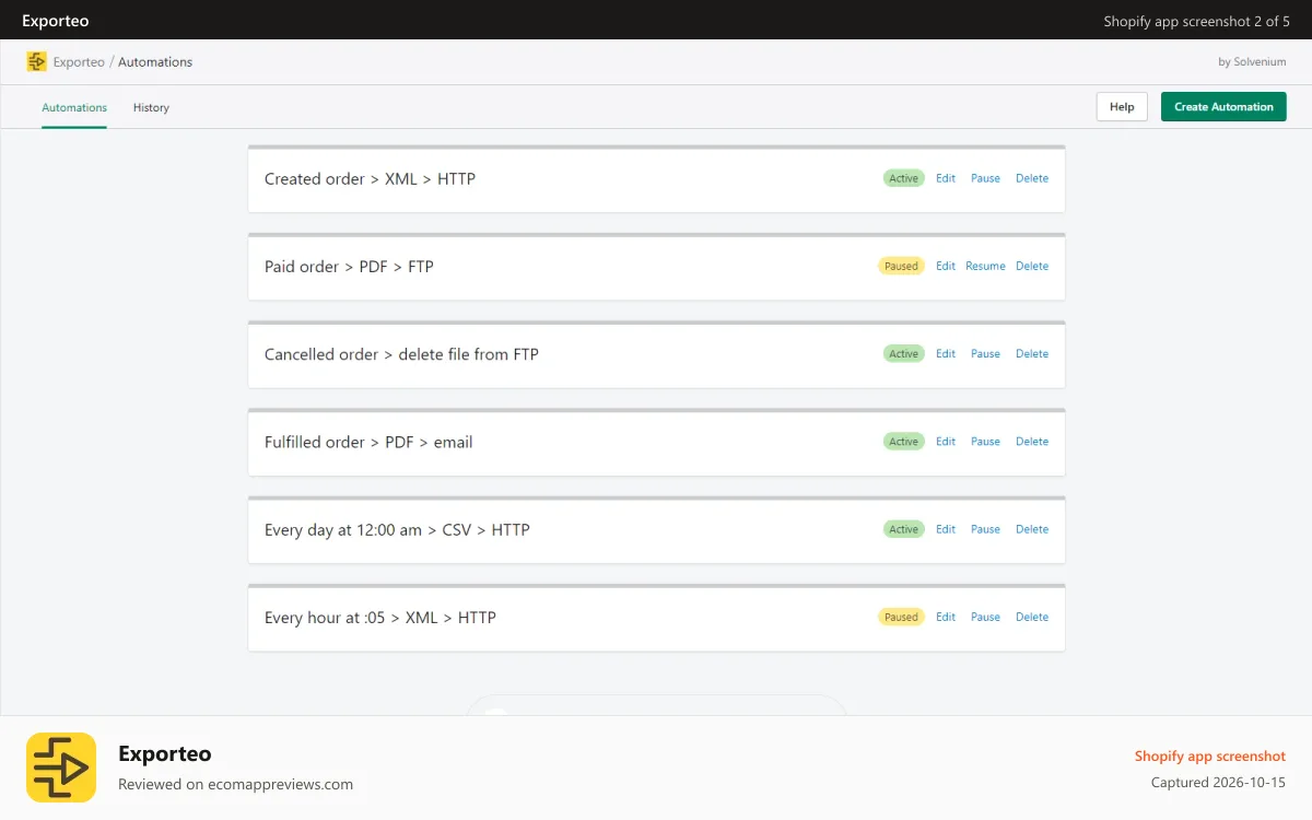 Exporteo Shopify app screenshot: Automations