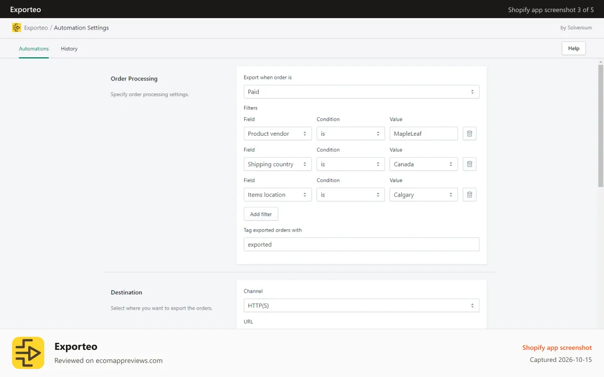 Exporteo Shopify app screenshot: Order Filters