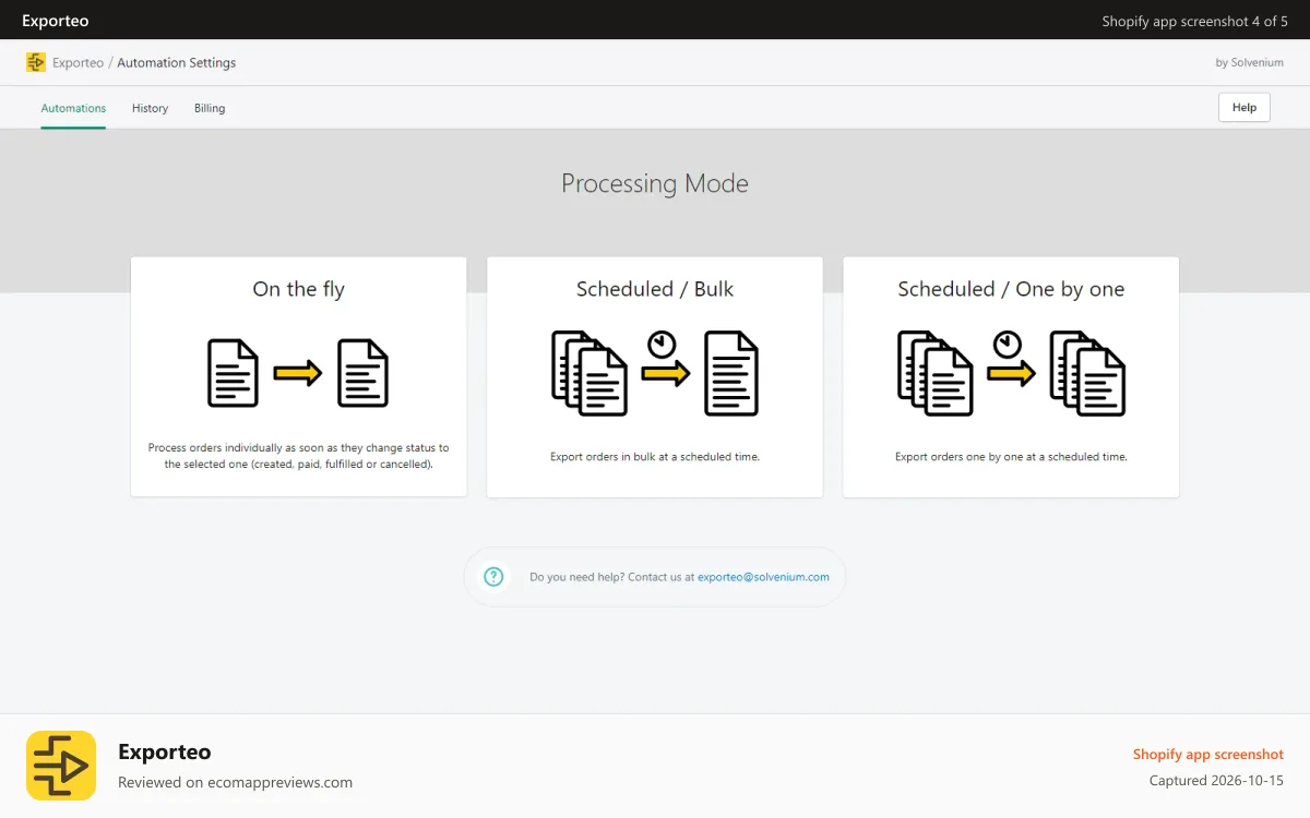 Exporteo Shopify app screenshot: Processing Mode