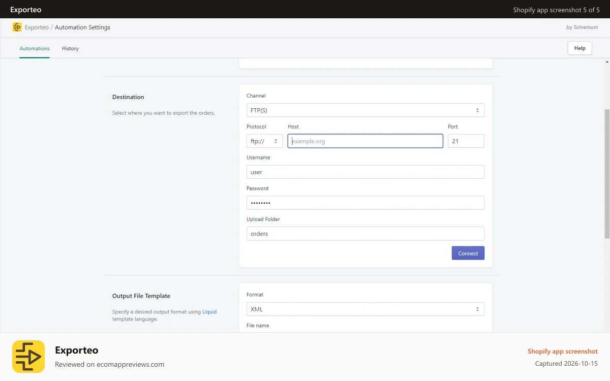 Exporteo Shopify app screenshot: FTP Connection