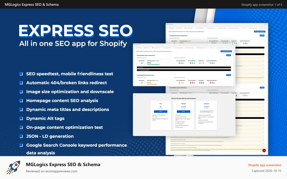 MGLogics Express SEO & Schema Shopify app screenshot: Automate SEO with this All in one SEO Optimizer app