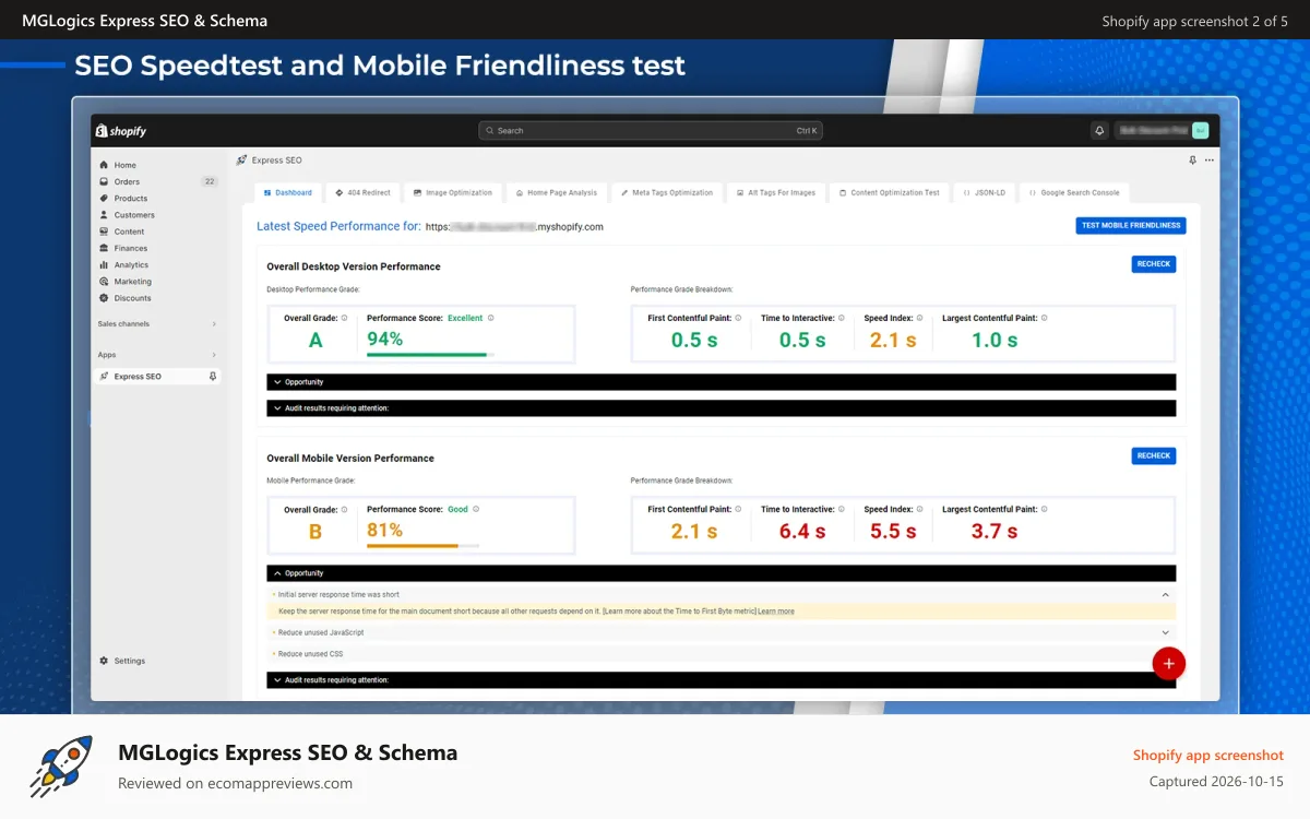 MGLogics Express SEO & Schema Shopify app screenshot: SEO Speed performance test