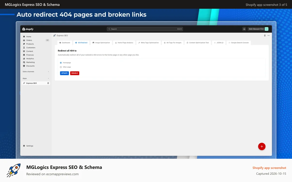MGLogics Express SEO & Schema Shopify app screenshot: Auto redirect 404 pages and broken links
