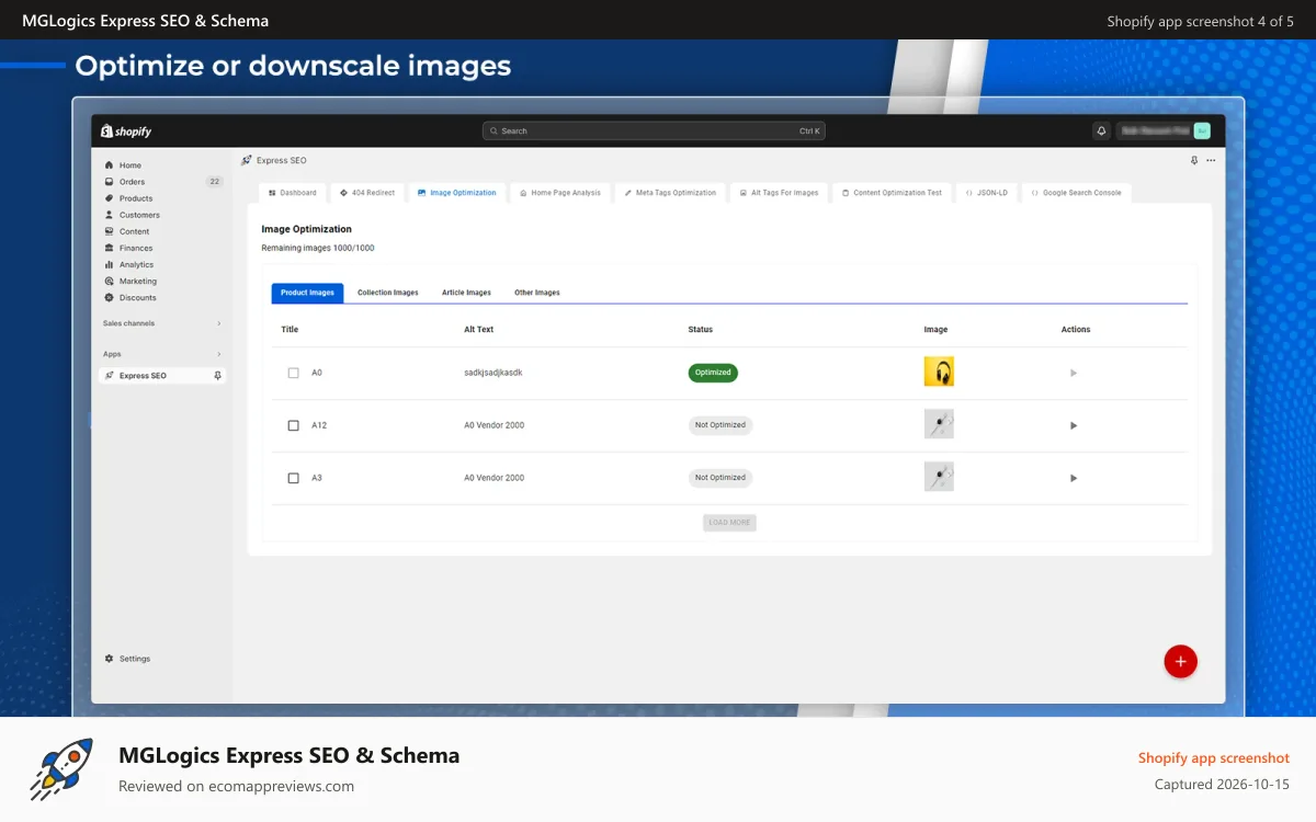MGLogics Express SEO & Schema Shopify app screenshot: Optimize or downscale images