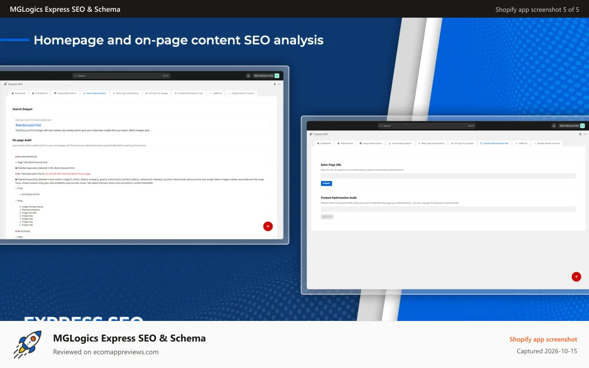 MGLogics Express SEO & Schema Shopify app screenshot: Homepage and on-page content SEO analysis