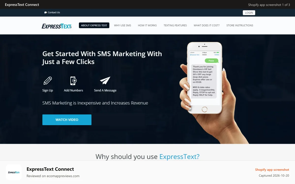 ExpressText Connect Shopify app screenshot: ExpressText