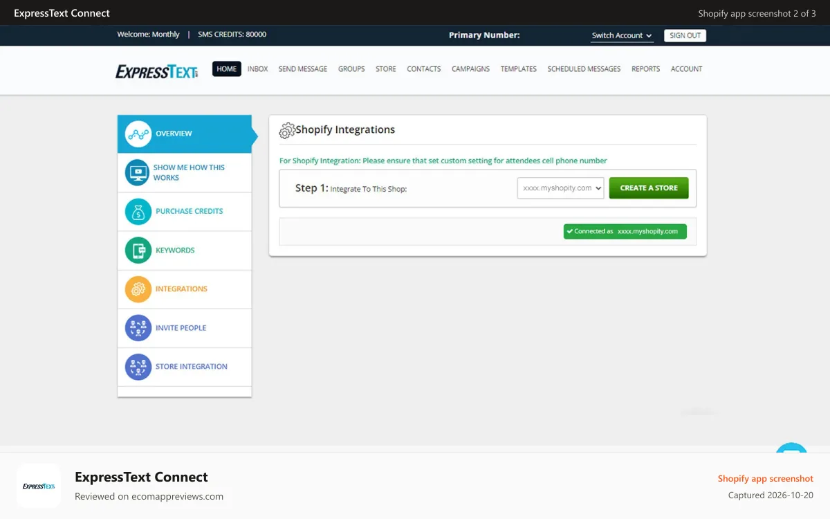 ExpressText Connect Shopify app screenshot: Shop Selection
