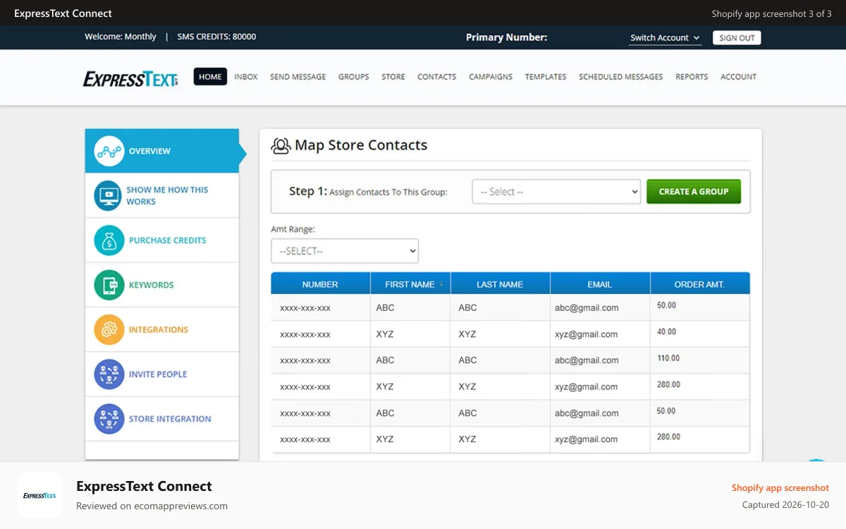 ExpressText Connect Shopify app screenshot: Screen after sync