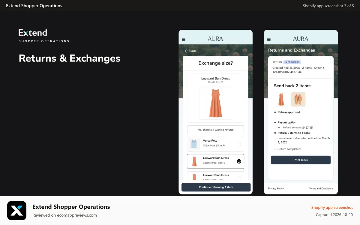 Extend Shopper Operations Shopify app screenshot: Returns & Exchanges