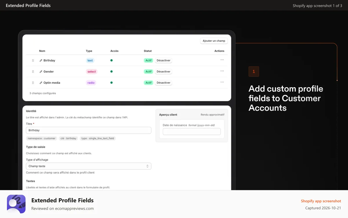 Extended Profile Fields Shopify app screenshot: Create and manage custom customer profile fields