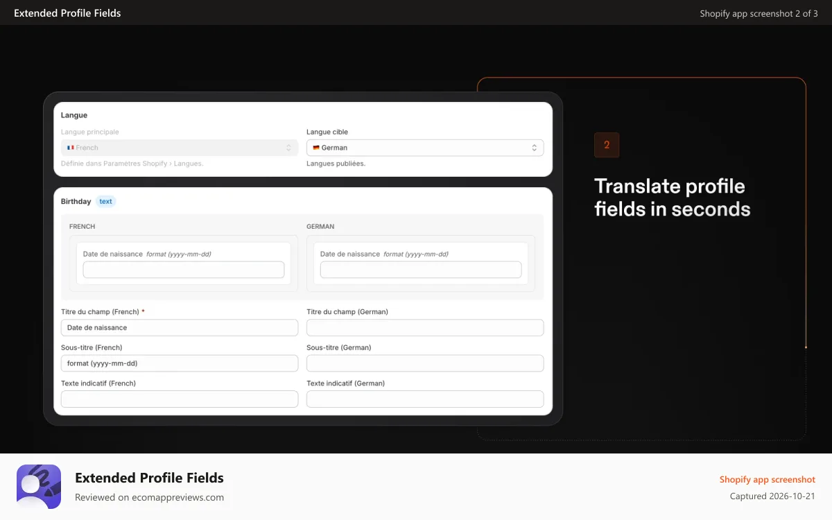 Extended Profile Fields Shopify app screenshot: Translate every field in seconds