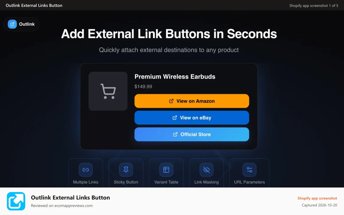 Outlink External Links Button Shopify app screenshot: External link buttons for product pages
