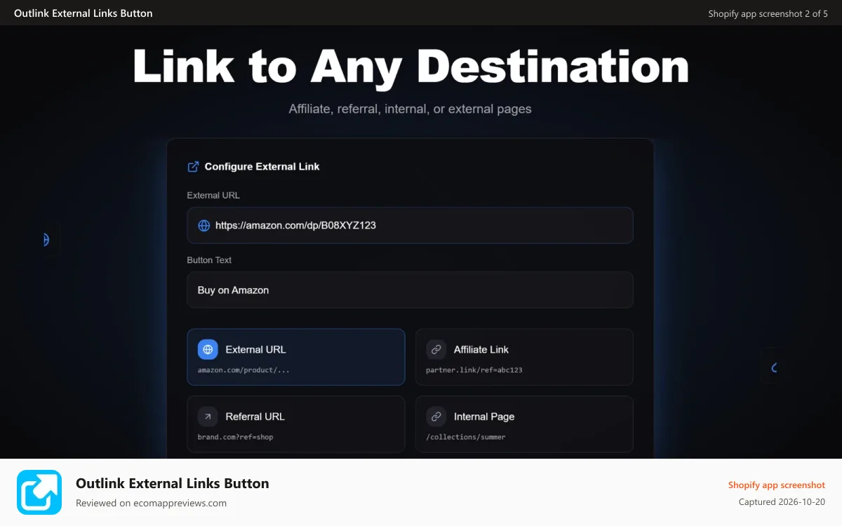 Outlink External Links Button Shopify app screenshot: Configure external links with custom button text settings