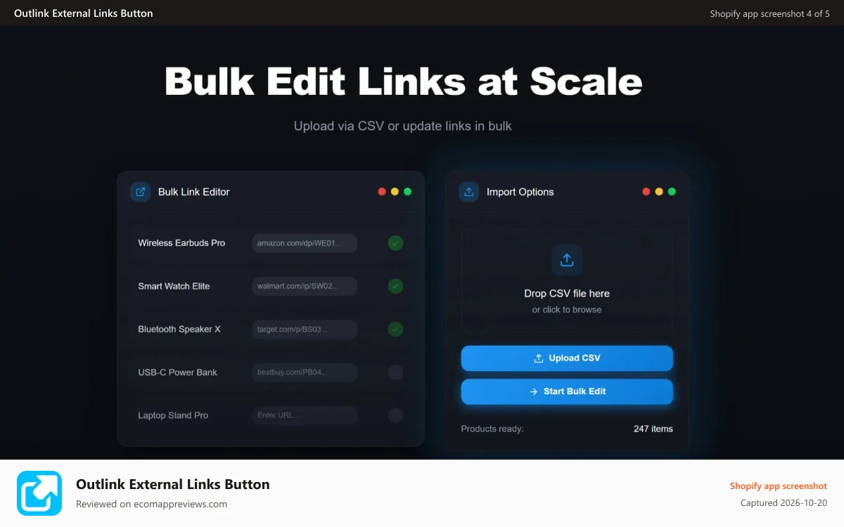 Outlink External Links Button Shopify app screenshot: Bulk edit external links via CSV upload tool