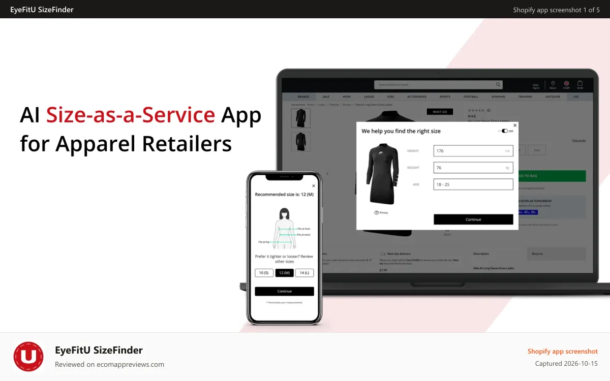 EyeFitU SizeFinder Shopify app screenshot: Size-As-A-Service