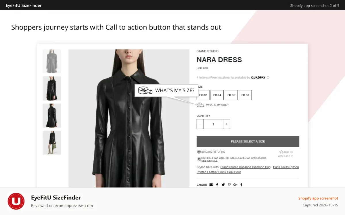 EyeFitU SizeFinder Shopify app screenshot: CTA "What's my size?"
