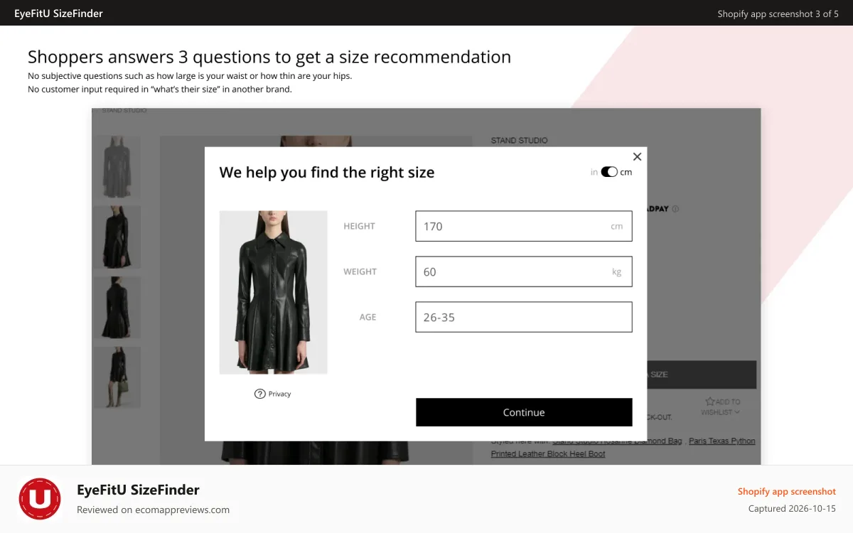 EyeFitU SizeFinder Shopify app screenshot: Onboarding with 3 questions