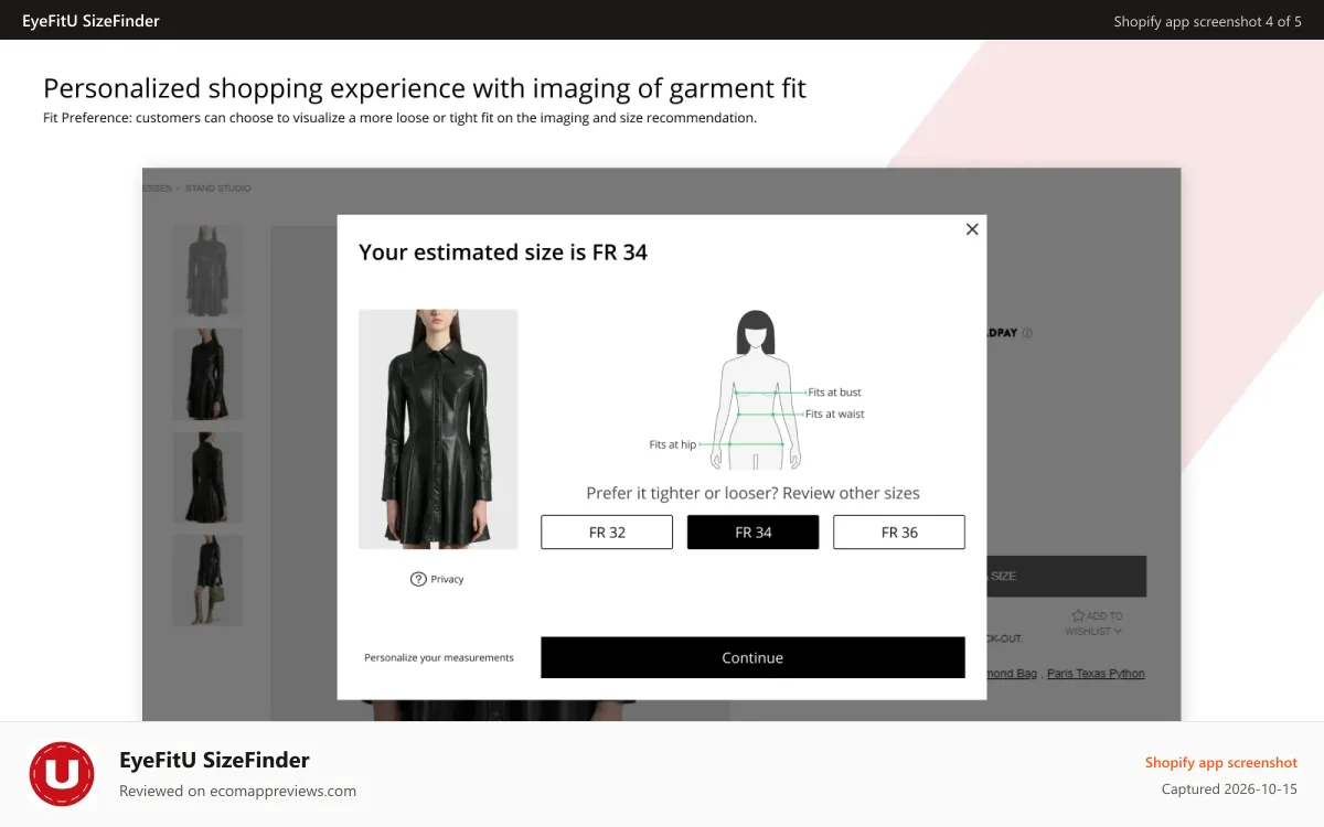 EyeFitU SizeFinder Shopify app screenshot: Personalized shopping experience with imaging of garment fit