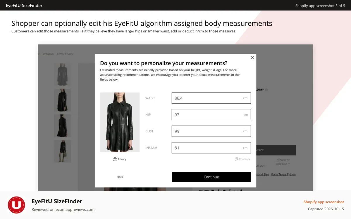 EyeFitU SizeFinder Shopify app screenshot: Shopper can optionally edit his EyeFitU body measurements
