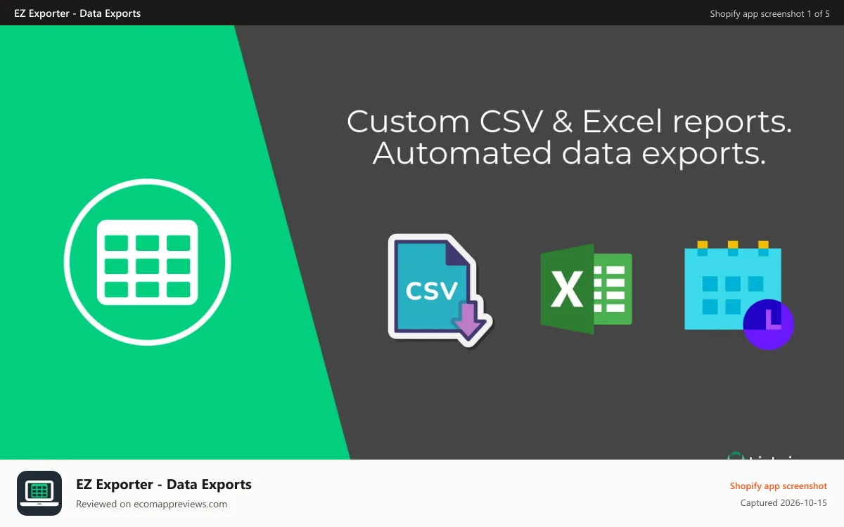 EZ Exporter ‑ Data Exports Shopify app screenshot: Custom CSV and Excel reports. Automated data exports.